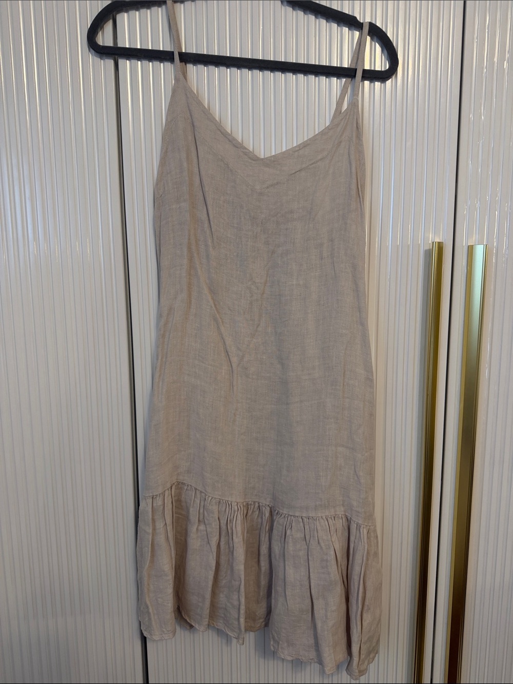 Neutral Beige Linen Midi Dress with Ruffle Hem